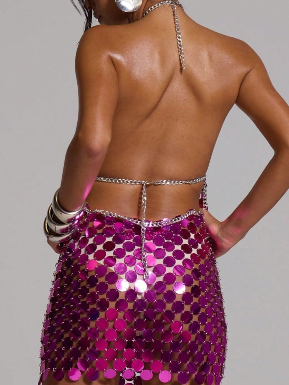 Purple Elegant Women's Disc Sequin Halterneck Mini Dress - Picture 2 of 6